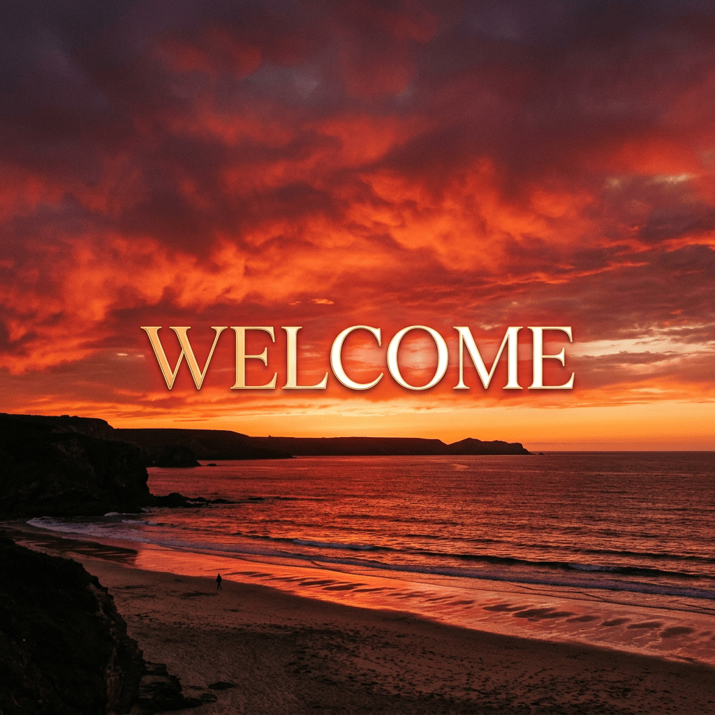 Sunset over beach with golden text reading WELCOME